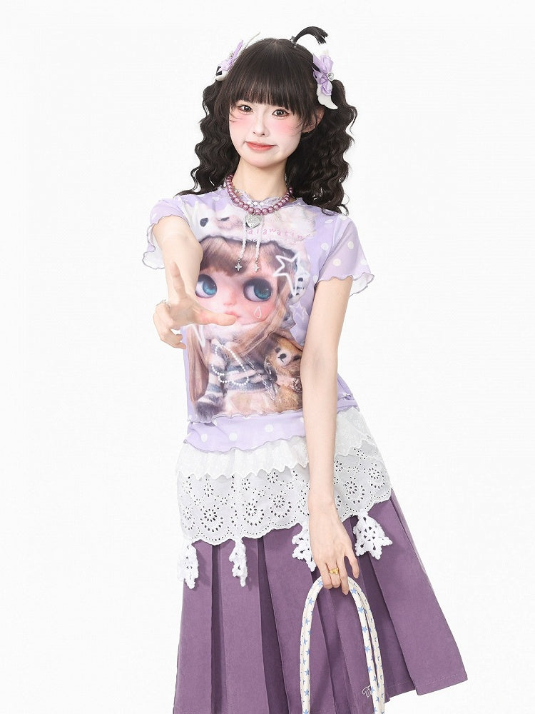Purple Mesh Tee with Cartoon Girl & Polka Dot Motif - Languid Park