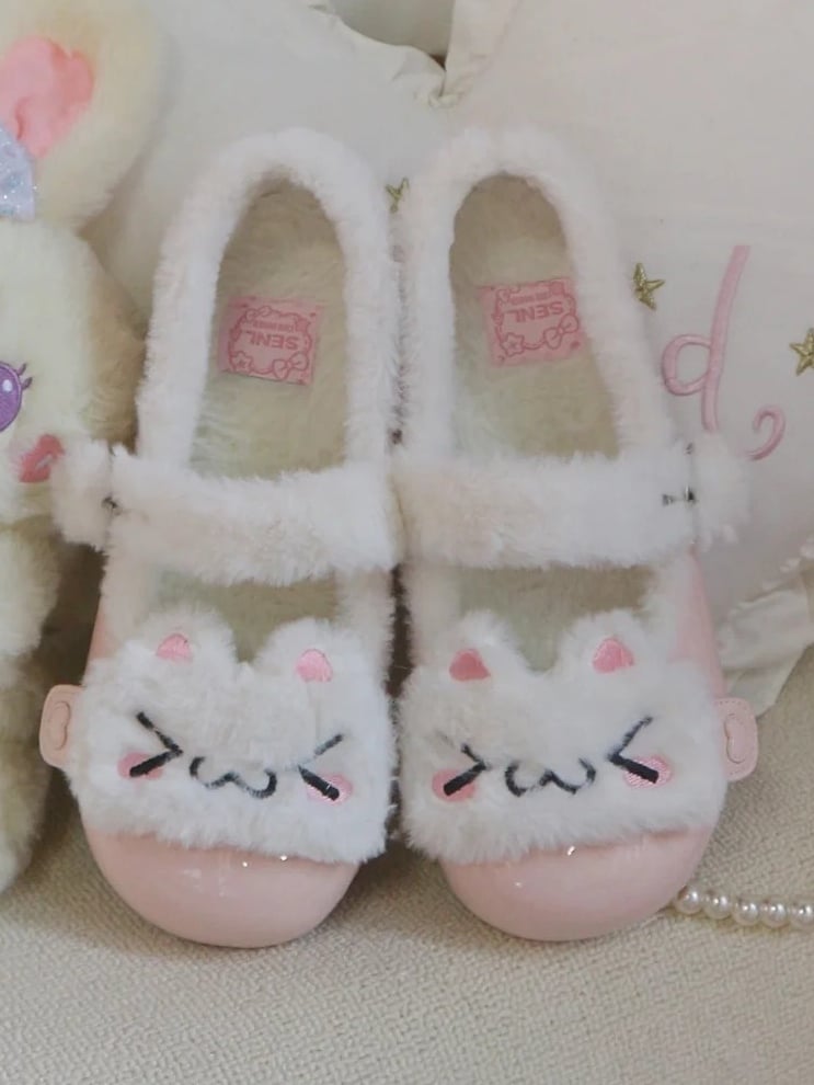Cozy Fleece Sweet Plush Winter Kitty Pink Lolita Snap Button Flats with Lining