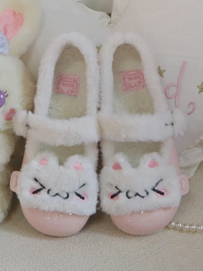 Cozy Fleece Sweet Plush Winter Kitty Pink Lolita Snap Button Flats with Lining