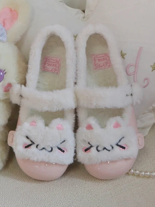 Cozy Fleece Sweet Plush Winter Kitty Pink Lolita Snap Button Flats with Lining