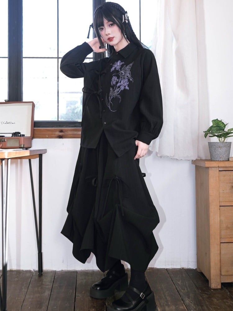 Gothic Long-Sleeve Shirt with Asymmetric Placket & Iris Print in Black Purple - Quirky Hut