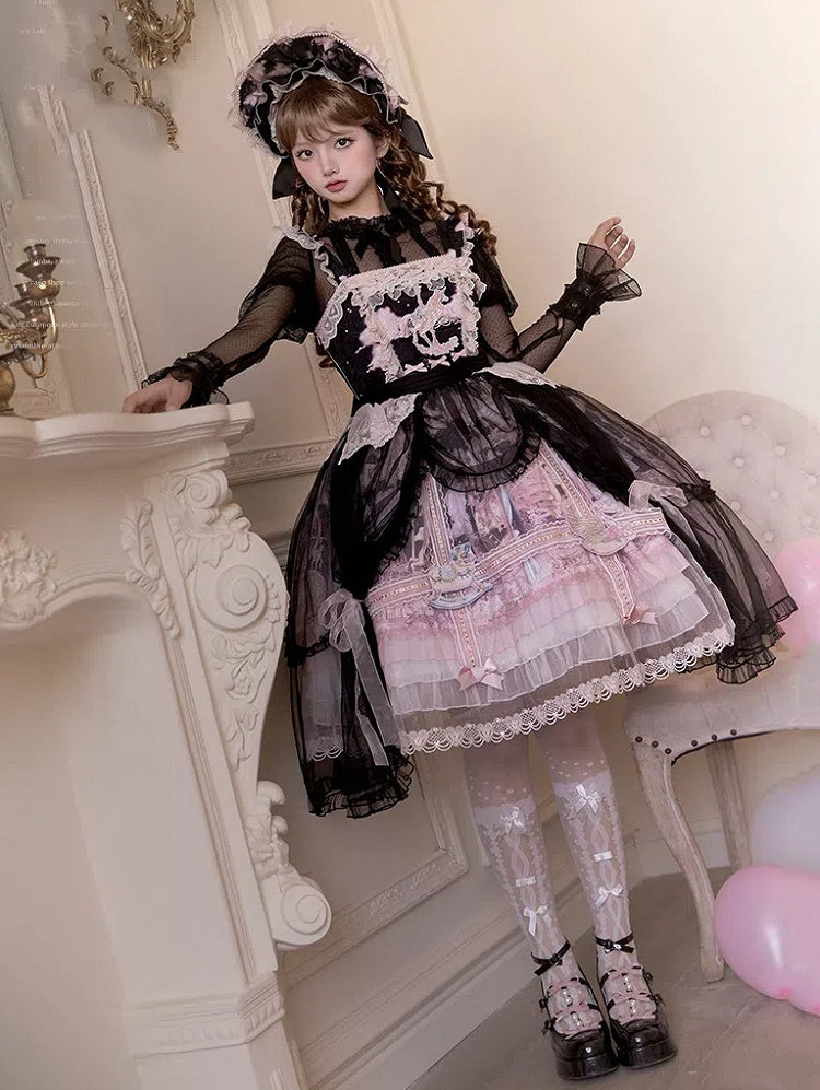 Black and Pink Curtain Tulle Overlay Flying Horse Print Skirt Lolita Jumper Skirt