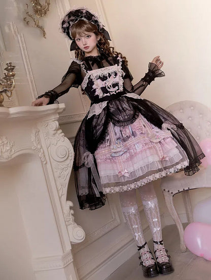 Black and Pink Curtain Tulle Overlay Flying Horse Print Skirt Lolita Jumper Skirt