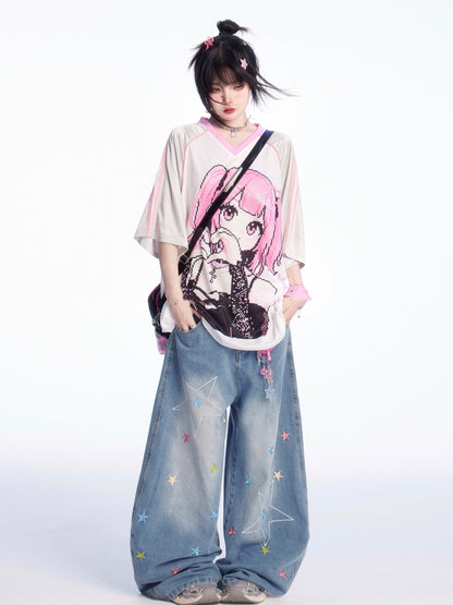 ピンクのルーズTシャツ Vネック 漫画ガールプリント ブロケットコア