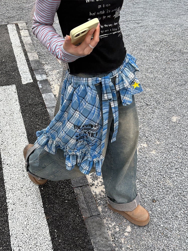 Flounce Pattern Blue Embellishments Apron Star with Retro Hem Skirt Self-tie and Plaid