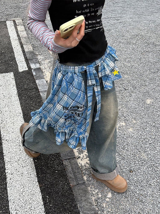 Flounce Pattern Blue Embellishments Apron Star with Retro Hem Skirt Self-tie and Plaid