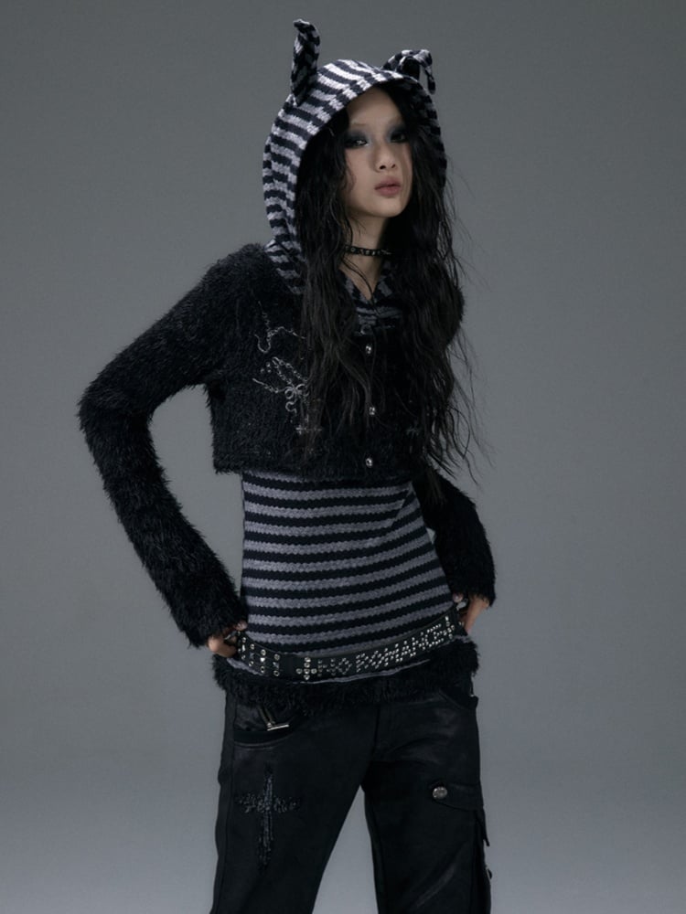 Layered-Look Black and Gray Striped Top with Doberman Ear