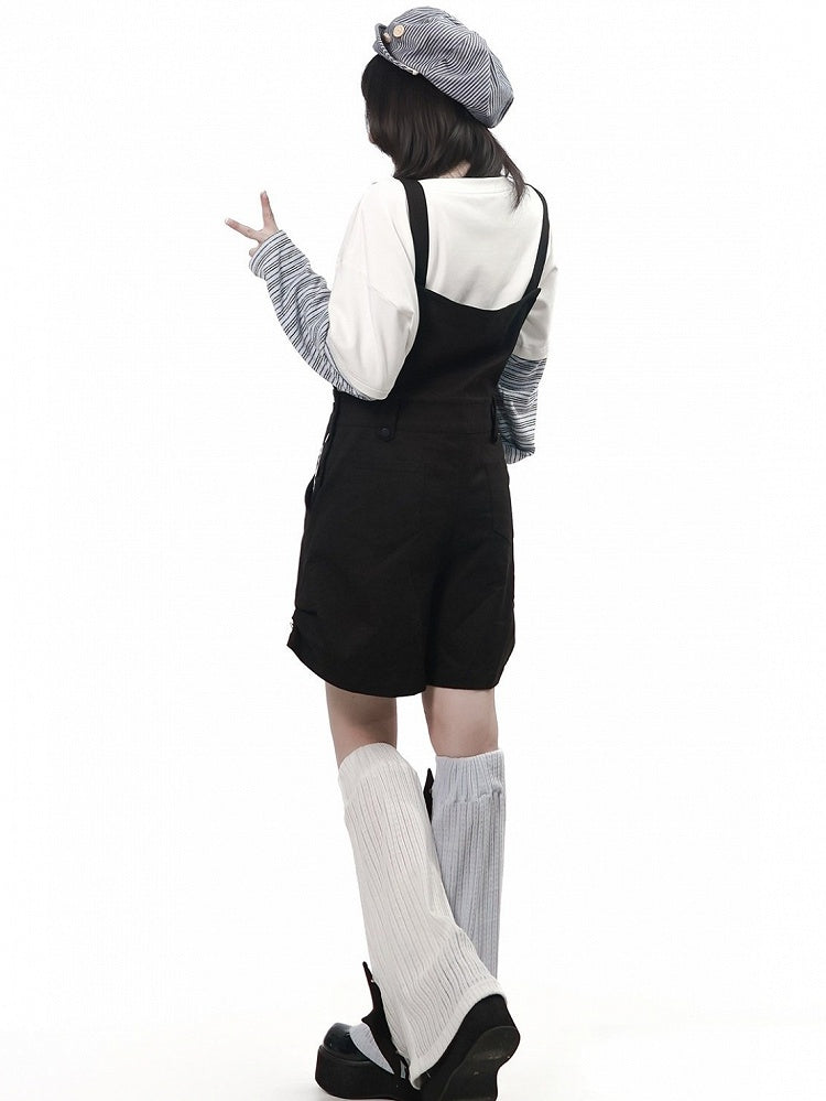 Daily Kawaii Black Plaid Spliced Overall Shorts - PINK SAVIOR