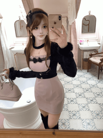 Jirai Kei Black and Purple Faux Two-Piece Dress with Plush Cuffs