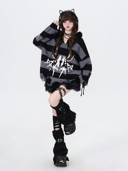 Hooded Striped Gray Fur Detachable Faux Zip Trim Punk Black with Sweater