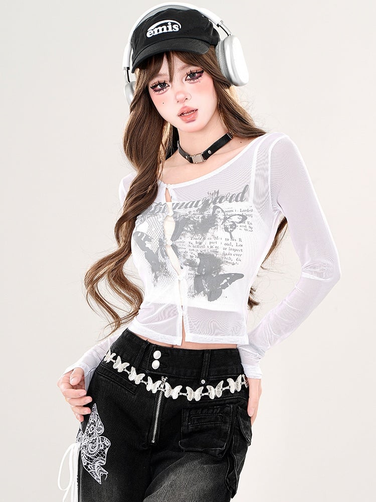 White/Pink Butterflies Print Semi-sheer Cropped Top with Cami Top Set