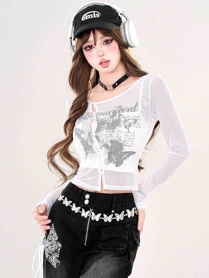 White/Pink Butterflies Print Semi-sheer Cropped Top with Cami Top Set