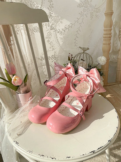 PU - Accent Sweet Bow Design Deep Crisscross Mid-heel Lolita Pink Shoes