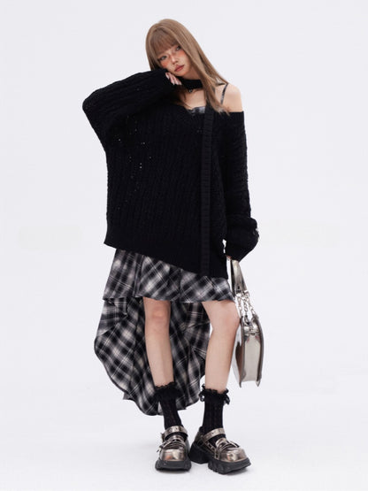 High-low Neckline Skirt Dress Black  White Plaid Sweetheart Slip