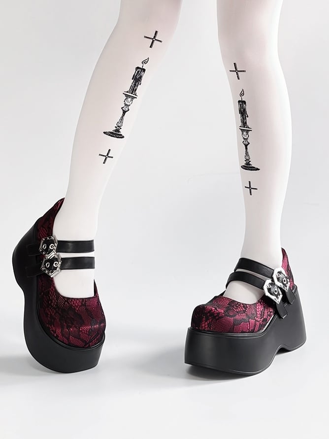 Punk - Black Red Sole Design Coffin-Shaped Buckle Shoes Platform
