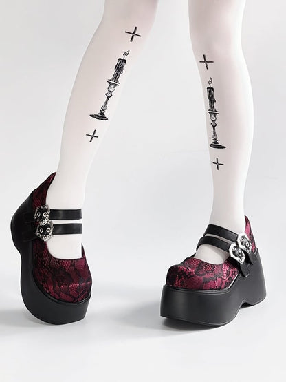 Punk - Black Red Sole Design Coffin-Shaped Buckle Shoes Platform