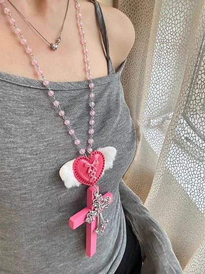 Black & White Y2K Heart Wing Cross Necklace - Kiwi Store