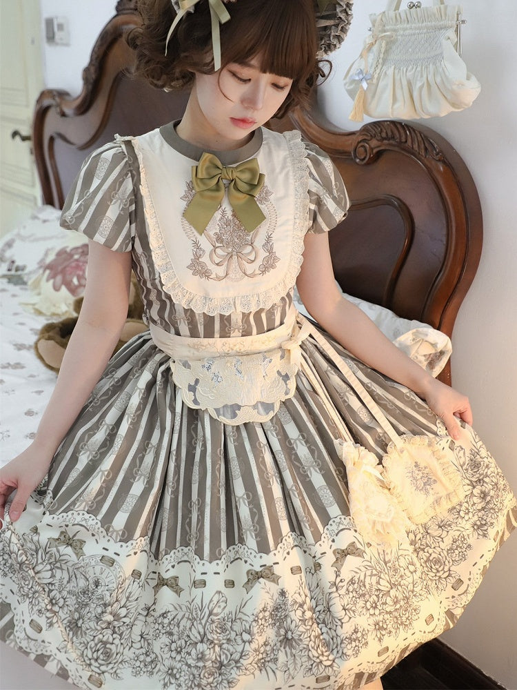 Version Lolita Embroidery Bodice Floral Pattern One and Brown Bowknot Short Striped Piece Classic