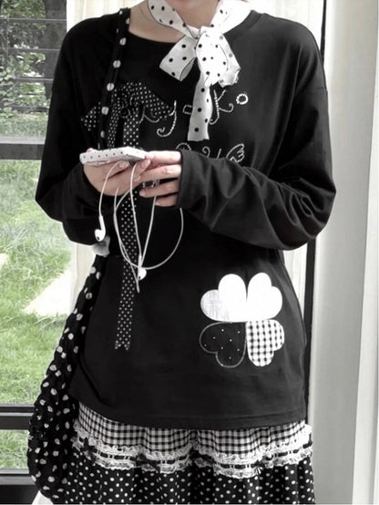 Top with Ribbon Bow Rhinestone Applique Embroidered Black Detachable and Clover