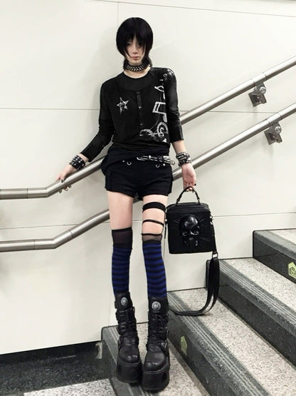 Unisex Black Mesh Long Sleeve Tee with Music Graphics - DETW OnLine