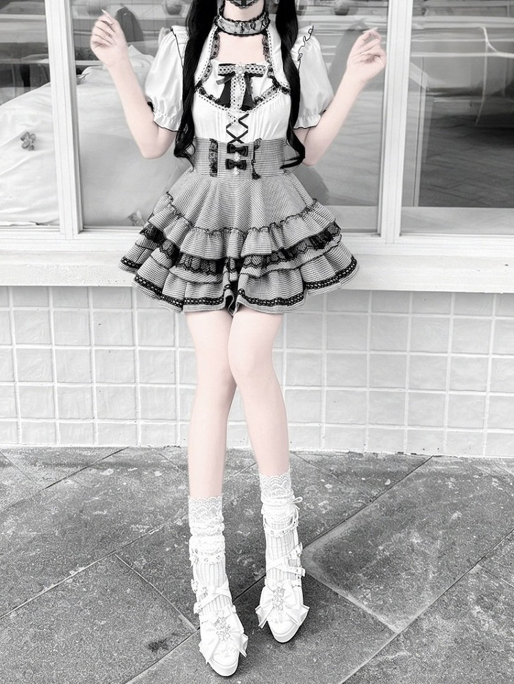 Monochrome Houndstooth Tiered Skirt with Lace Trim and Rhinestone Bows - GingaU