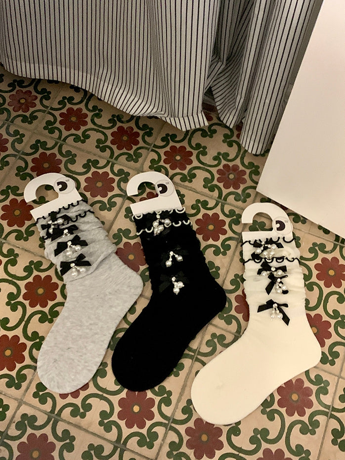 Charm Details Socks Calf Beaded White/Black/Gray Bowknot