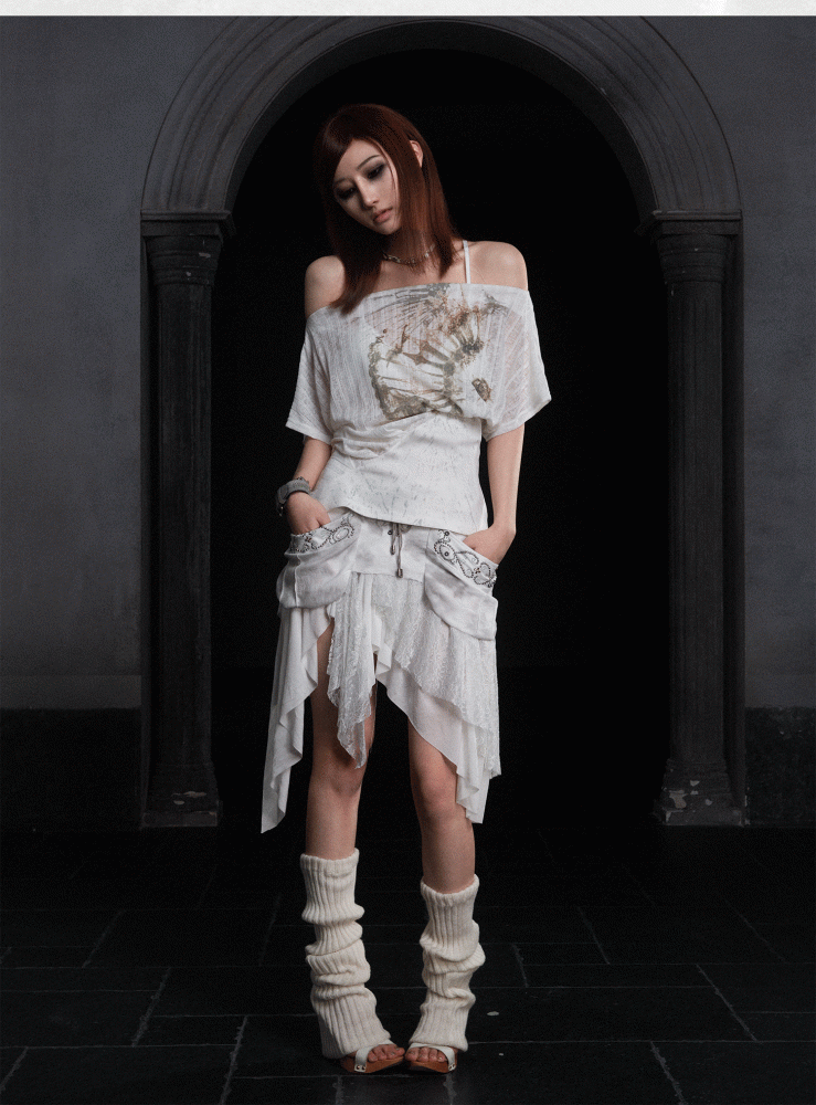 Off-Shoulder Top Punk White Semi-Sheer with Prints