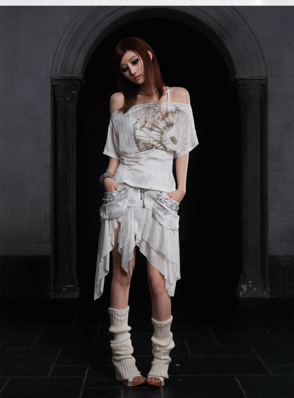 Off-Shoulder Top Punk White Semi-Sheer with Prints