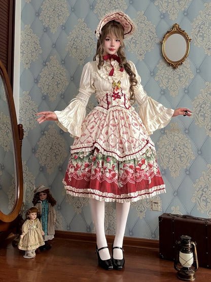 Elastic-Waist Lolita Skirt Featuring Strawberry Floral Motif - Currant