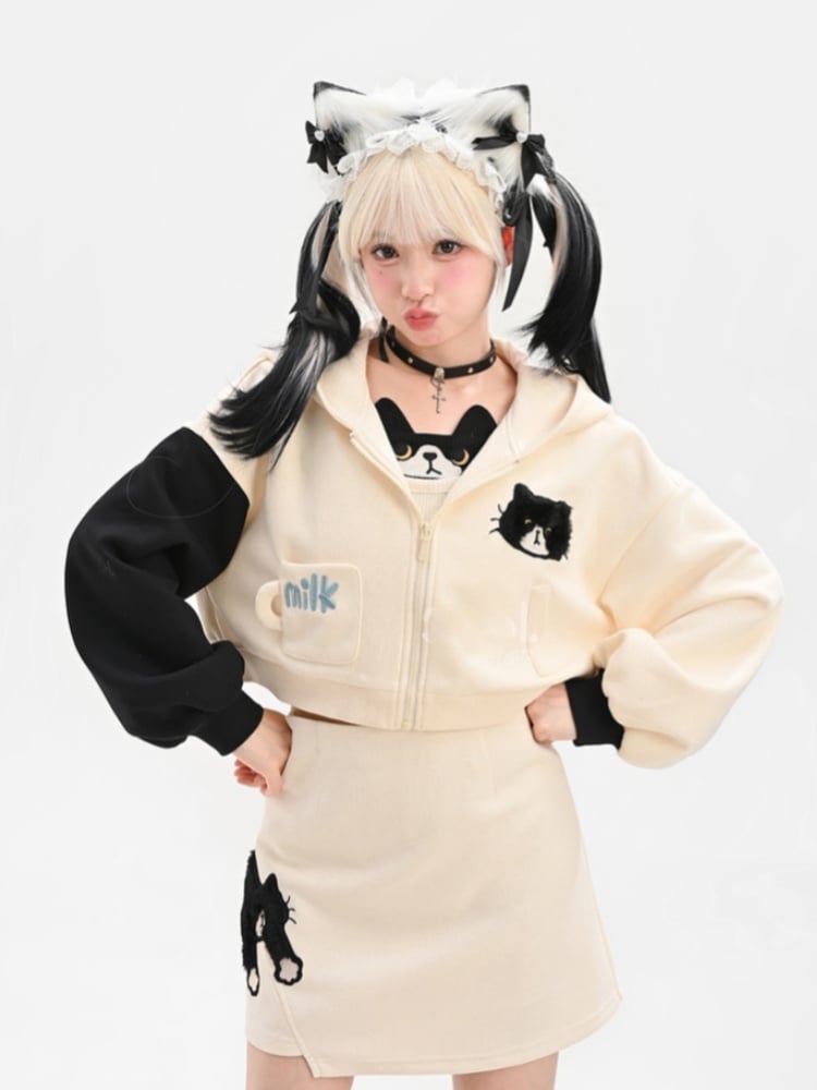 黒猫柄ホワイトアシンメトリーヘムスカート