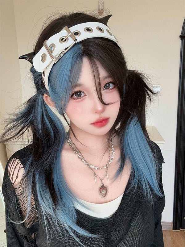 Lange, glatte Kunsthaarperücke mit schwarzen und blauen Highlights und Pony