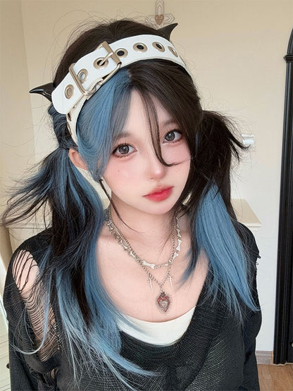 Lange, glatte Kunsthaarperücke mit schwarzen und blauen Highlights und Pony