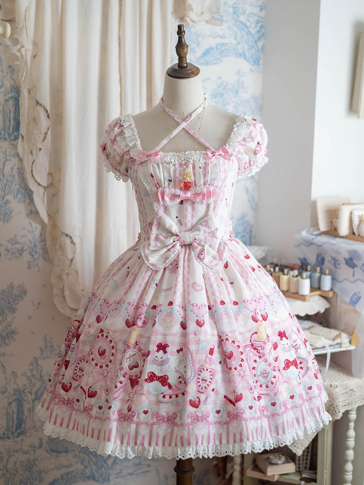 Cat Print Cream Sweet Lolita OP Dress with Removable Crisscross Halter Straps - Pastry Chef