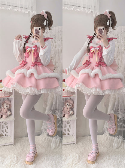 Bowknot Details Lace-up Basque Waist Pink Lolita Jumper Skirt Sweet Dress