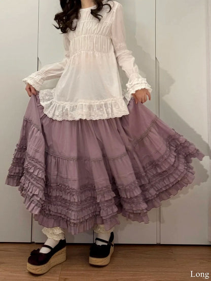 Loose Skirt Ruffled Multi-Layer Lolita Cotton Hem Purple Elegant