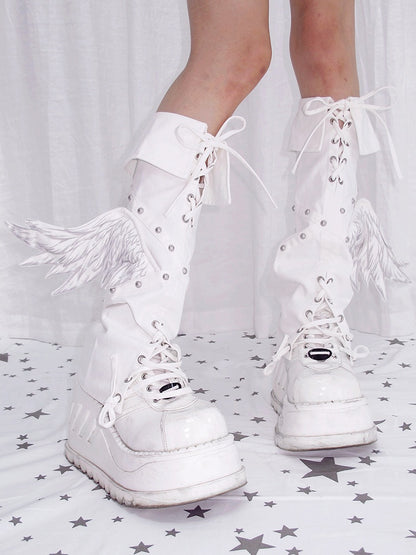 Details Leg White Angel Warmers Studded with Crisscross Punk Laces Wing