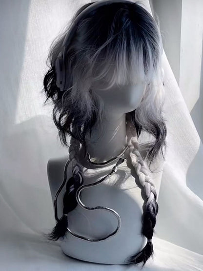Wig Ombre with Full Black White Wavy Short Braids Bangs