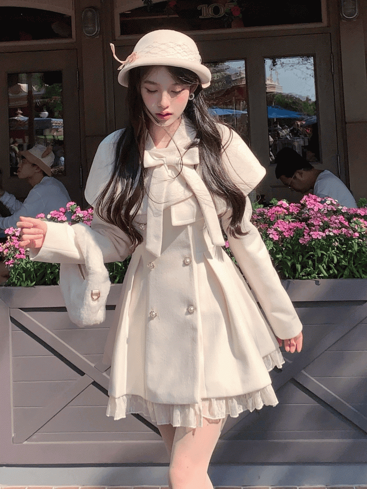Button Jirai Cape Double-Breasted Front White Kei Pure Dress with Wool