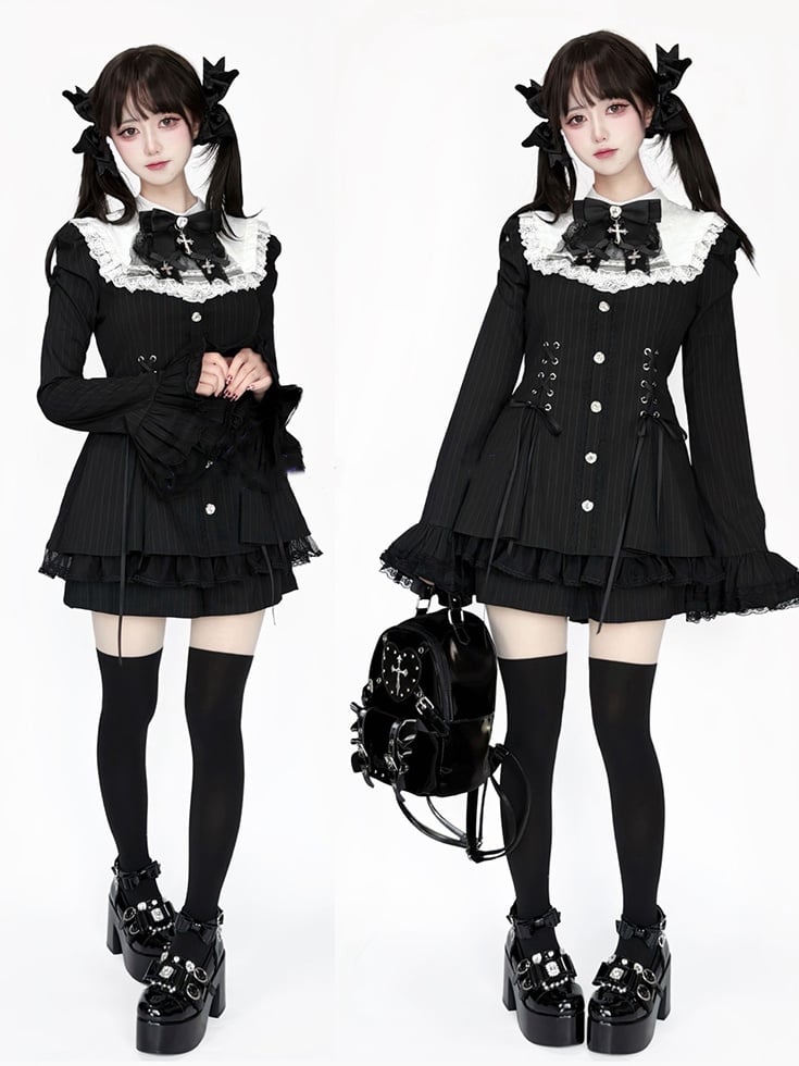 Black Kei - Tie Fashion Dress Sleeves Bow Waist Bib Striped Shorts Lace-Up Matching Outfit Jirai Bell with