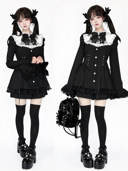 Black Kei - Tie Fashion Dress Sleeves Bow Waist Bib Striped Shorts Lace-Up Matching Outfit Jirai Bell with