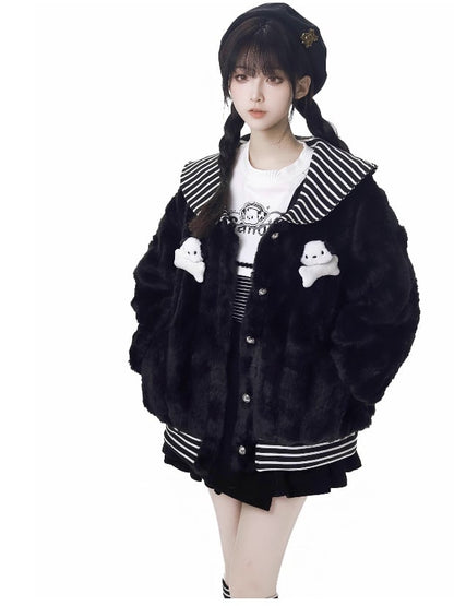 Schwarz gestreifter Plüschmantel mit Matrosenkragen