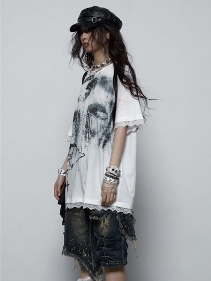 Lace-Trimmed Shoulder with Print Black Denim Lace-Up T-shirt Punk Detail White