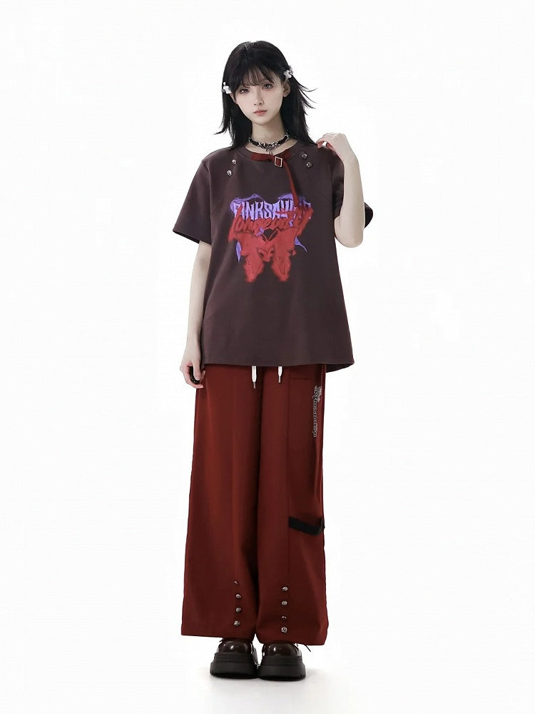 Straight-Leg Pants Red Drawstring Waist Stud Details