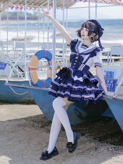 Süße Lolita-Bluse mit Akzent, blauer Schleife, Matrosenkragen, marineblau, mit Rüschen