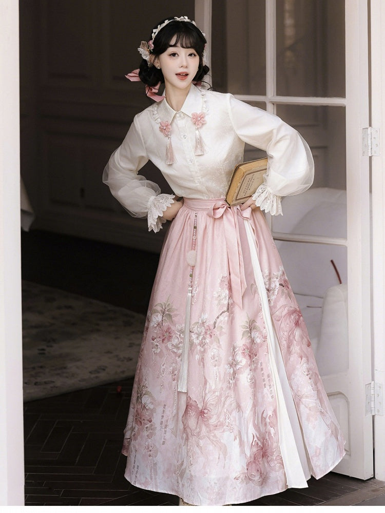 Pink Floral Accent Chinese-Inspired Lolita Blouse in White, Long-Sleeved - Han Ru Chu Hanfu &amp; Han-Element Studi