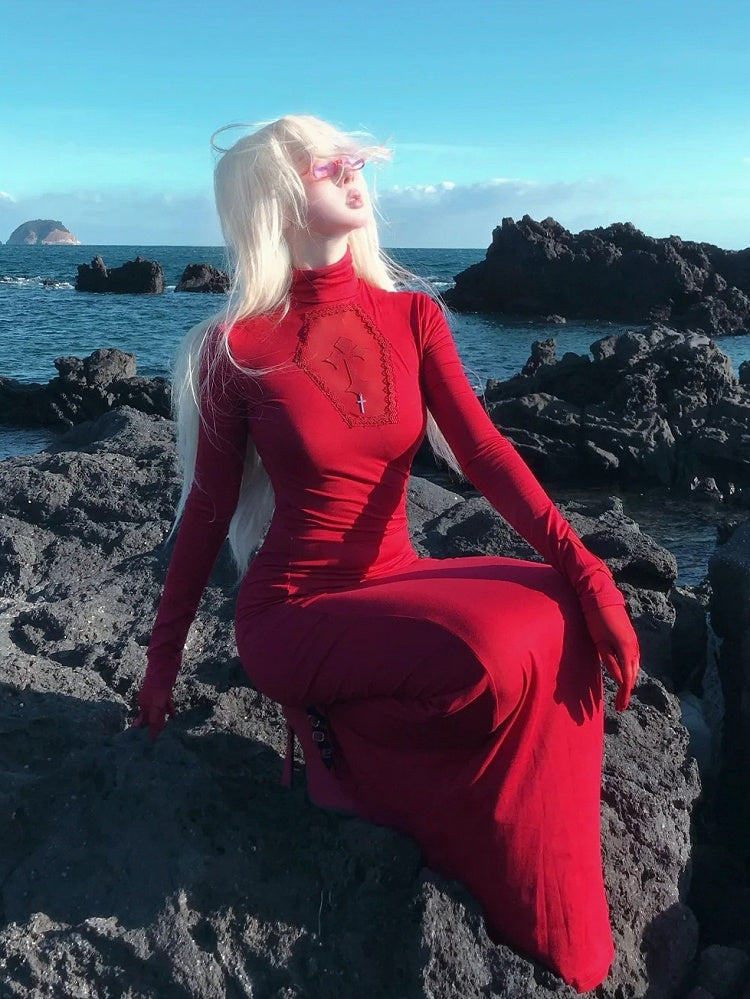 ゴシックレッドコフィンカットアウトクロスディテールハイネックマーメイドスカートマキシドレス