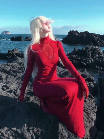 ゴシックレッドコフィンカットアウトクロスディテールハイネックマーメイドスカートマキシドレス