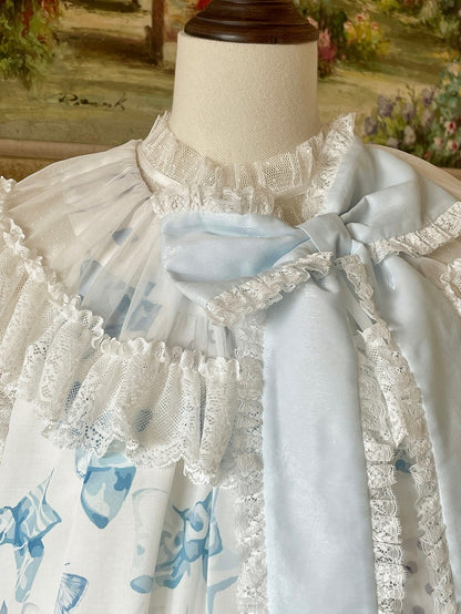 Blue Big Bowknot on Neckline Bows Double Layered Lolita Dress
