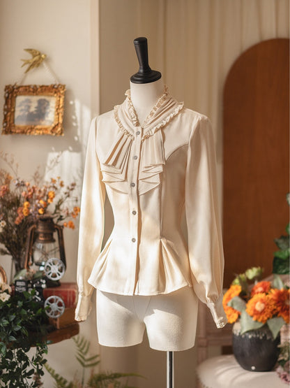 Collar Blouse Long Vintage Jabot Sleeves Elegant Beige