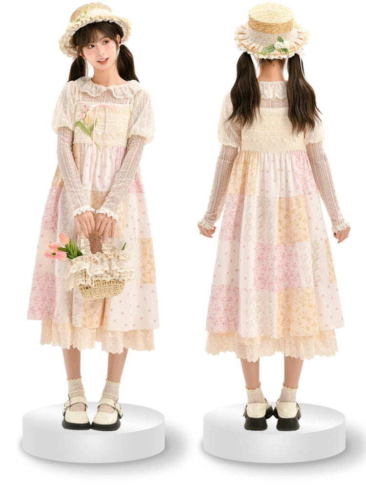 Mori Kei Beige & Pink Tulip Floral Patchwork Summer Dress